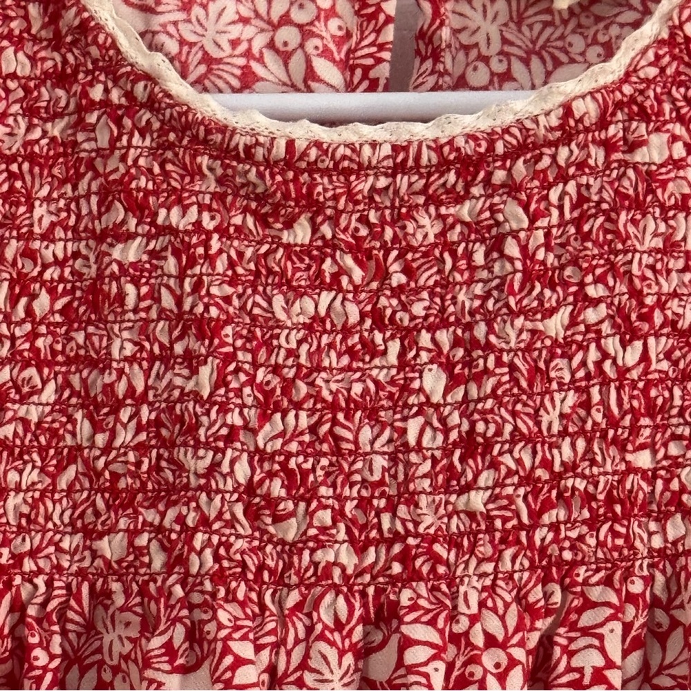 Mini Boden Girl Red Smocked Floral Ruffled Long Sleeve Top - Picture 2 of 9